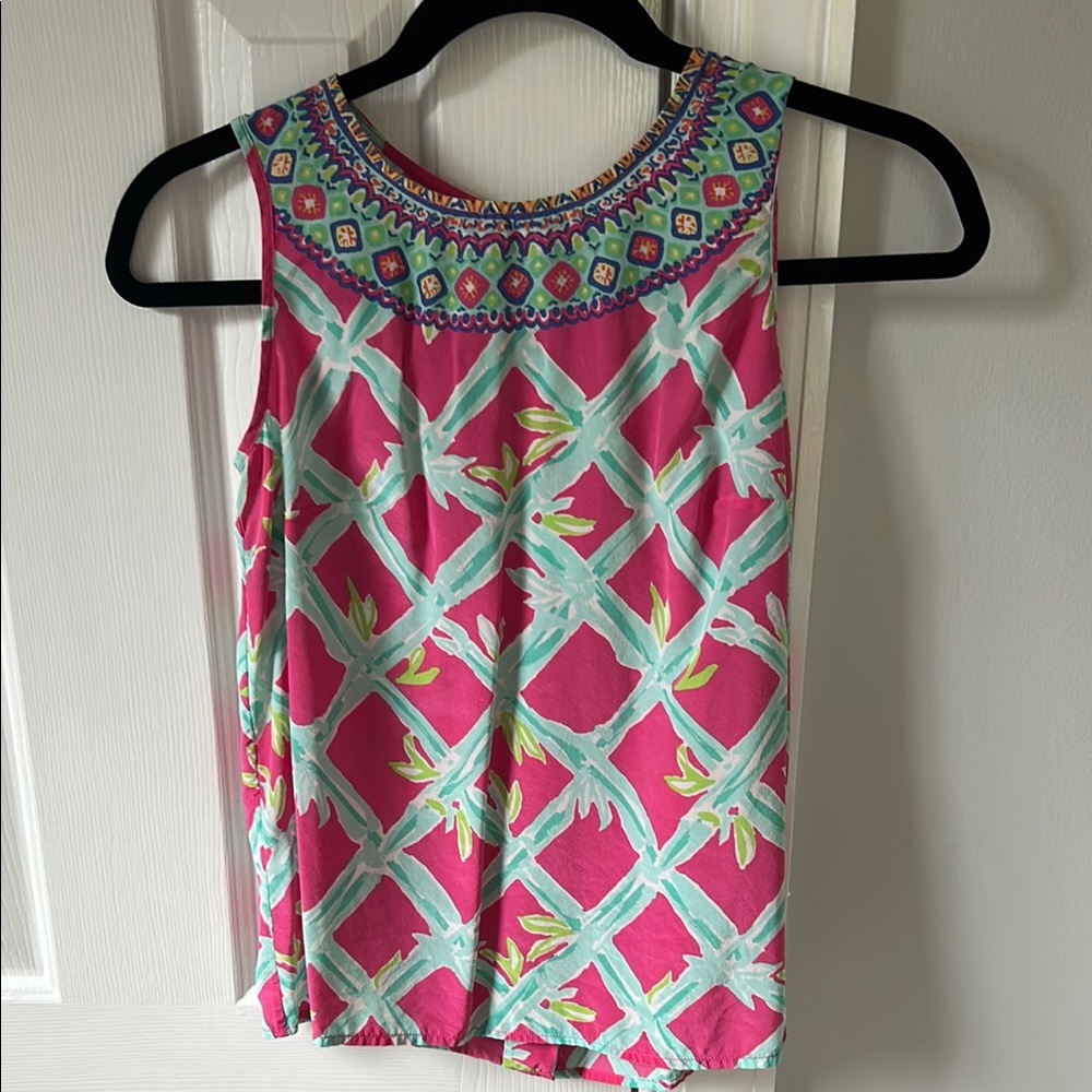 Lilly Pulitzer Pink and Green Sleeveless Graphic Blouse